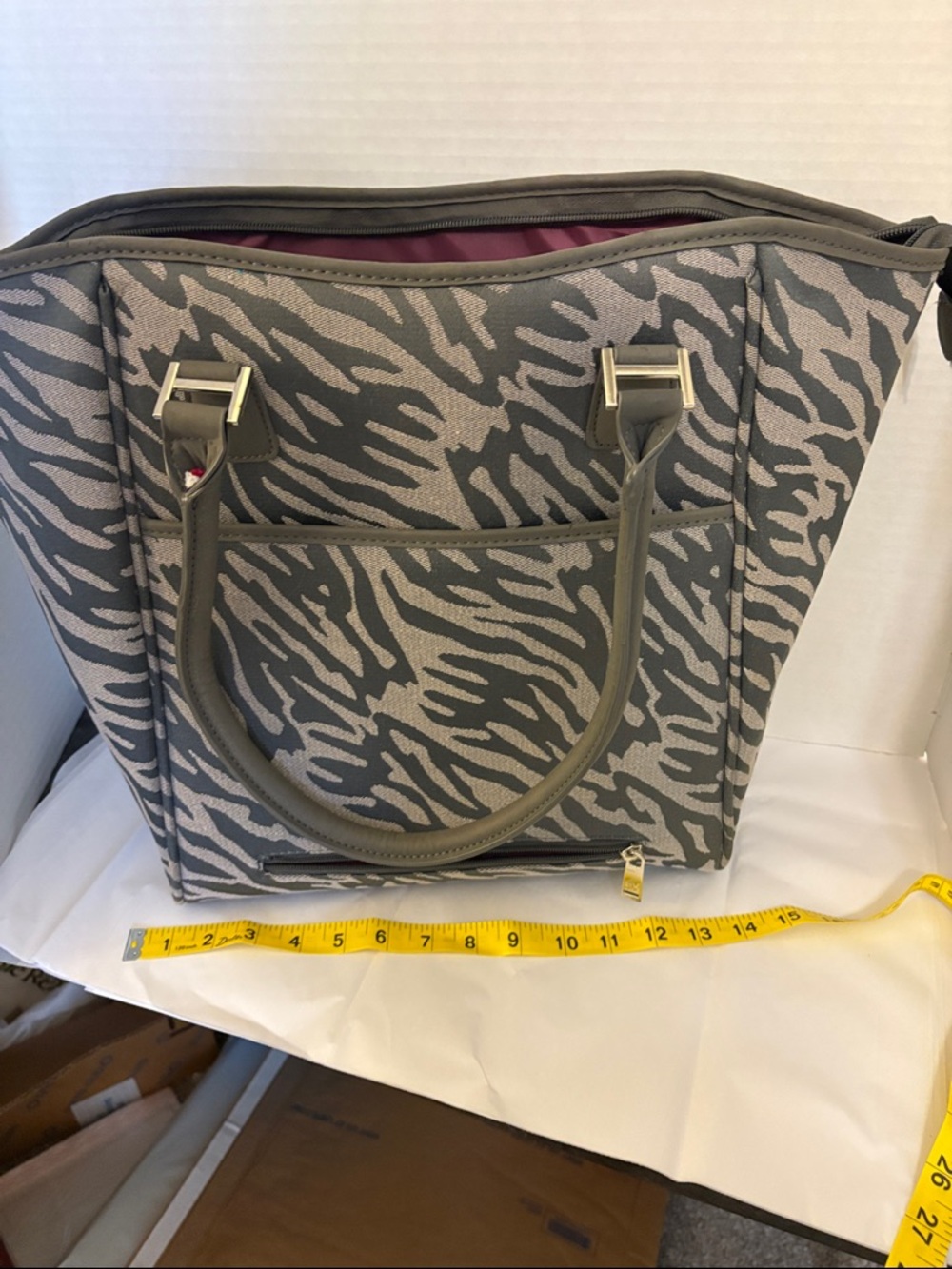 Anne Klein Gray and Taupe Zebra-Print Tote with Logo Plaque - Picture 5 of 6